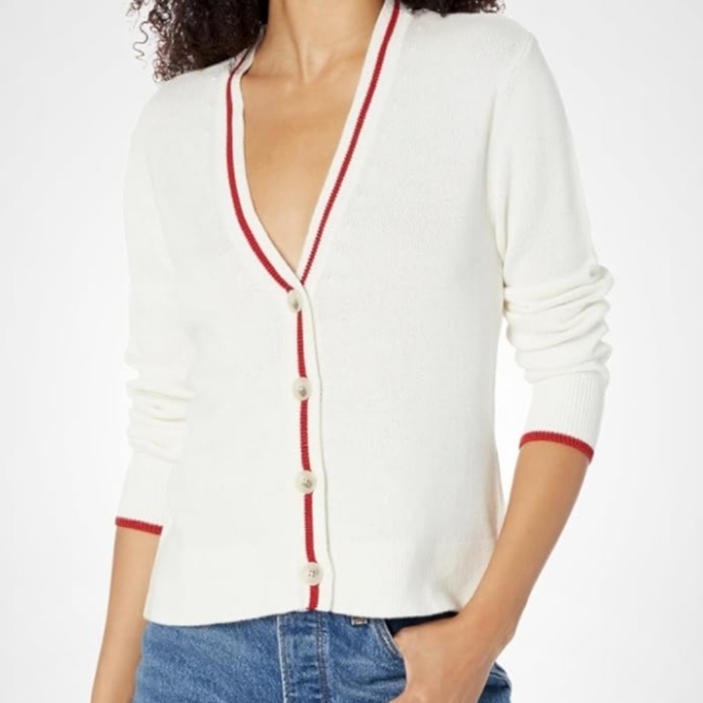 NEW Club Monaco Women's Contrast Trim Cardigan Large Ivory Red